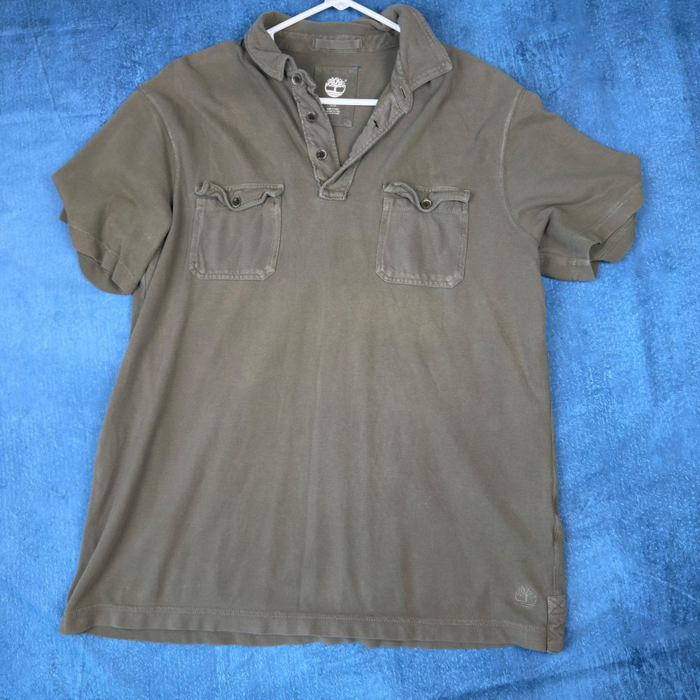Timberland Mens Polo Shirt Large Olive Green Short Sleeve Dual Pocket Pique Knit